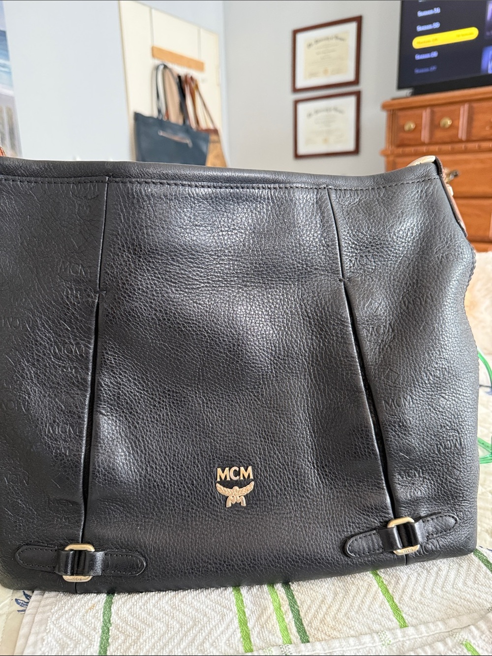 MCM Black Leather Shoulder Tote with Gold Logo Emblem